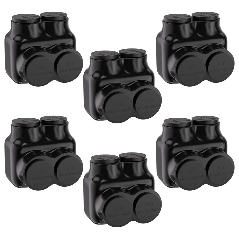 STARELO 6PCS 2 Port Insulated Connector, Single-Sided Splice, Multi Tap Cable Connector for Copper and Aluminum Wires, Slotted Hex, Black Vinyl Coated, Pre-Filled Oxide Inhibitor (250MCM-6AWG) - Image 1